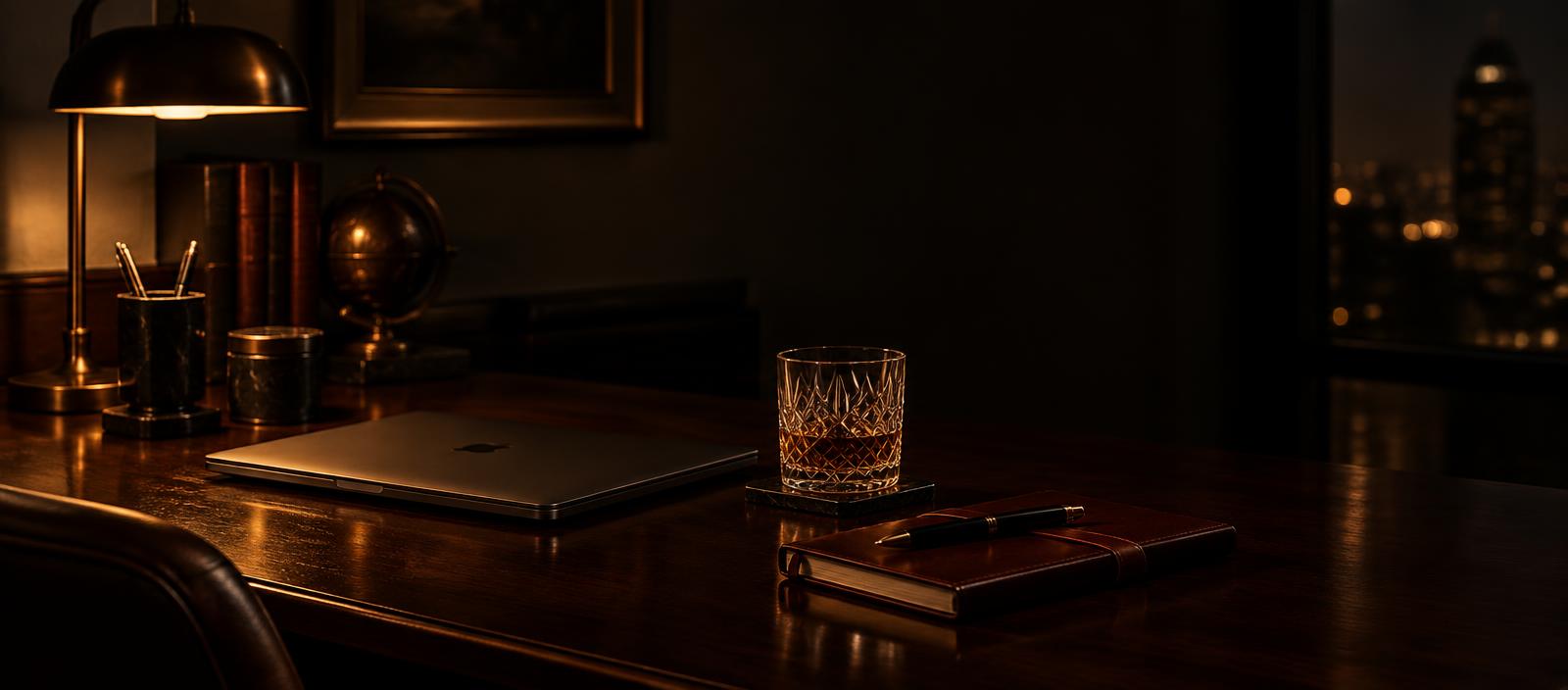 Dark desk at night with a notebook and glass