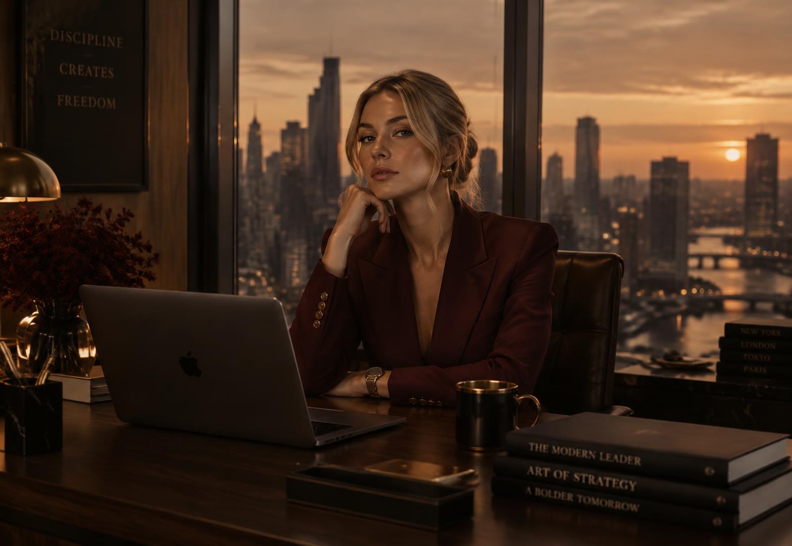 Founder at her desk overlooking the city at dusk